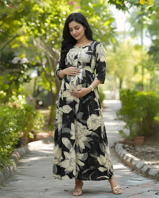Black Cream Rose - Maternity Kurti with Feeding Zips - Soft Rayon