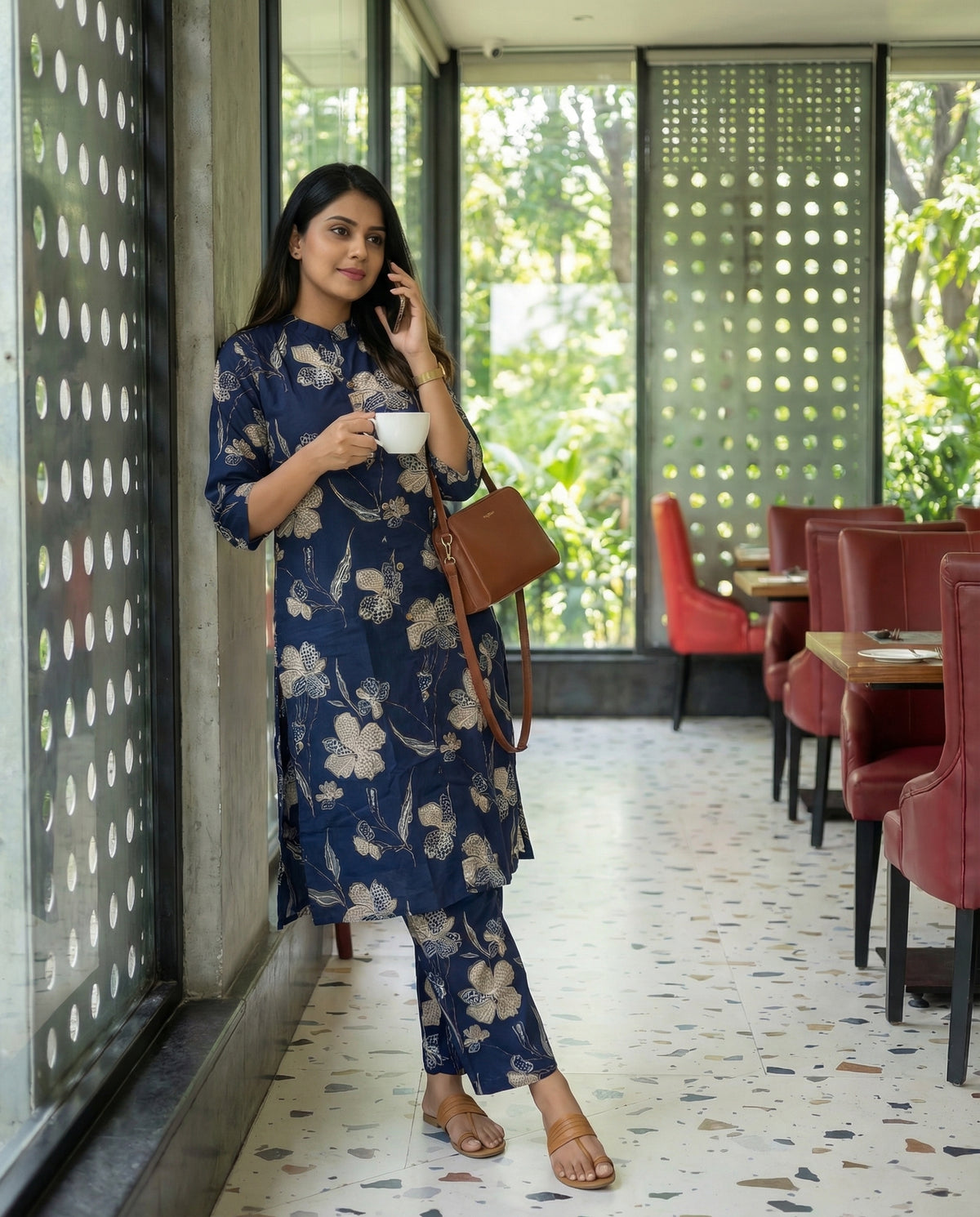 Blue Flower & leaf - Knee Length - Cord Set - Pure Cotton