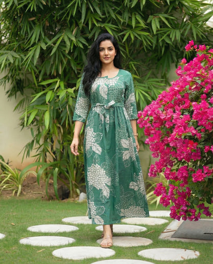 Sea Blue Big Flower - Maternity Kurti with Feeding Zips - Soft Rayon