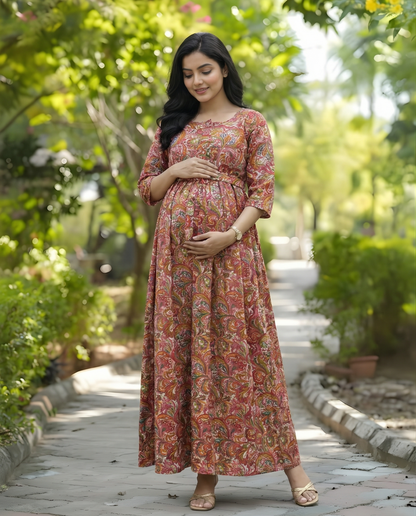 Keri Print - Baby Pink - Maternity Kurti with Feeding Zips - Cotton Flex - Thicker Fabric