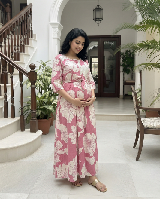 Baby Pink White Big Flower - Maternity Kurti with Feeding Zips - Soft Rayon