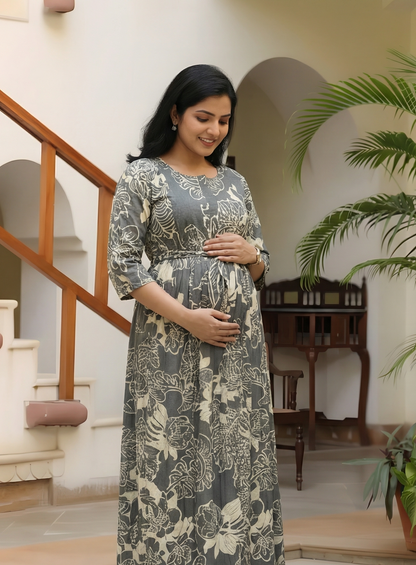 Grey White Big Flower - Maternity Kurti with Feeding Zips - Soft Rayon