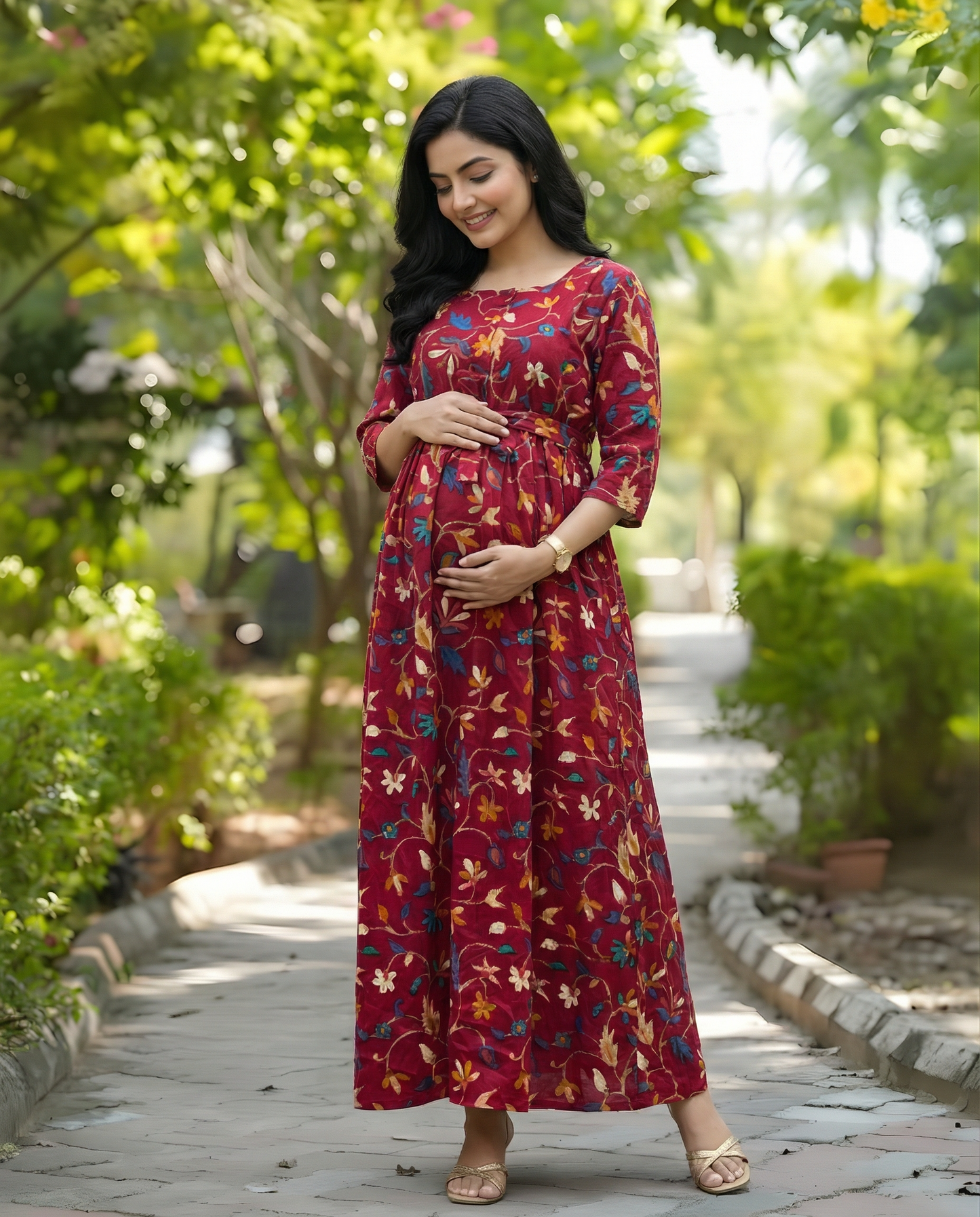 Raani Red Daisy - Maternity Kurti with Feeding Zips - Cotton Flex - Thicker Fabric
