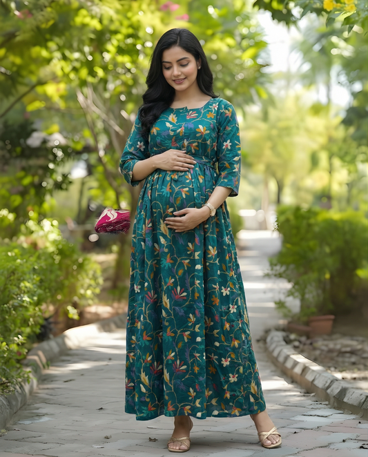 Sea Green Daisy - Maternity Kurti with Feeding Zips - Cotton Flex - Thicker Fabric