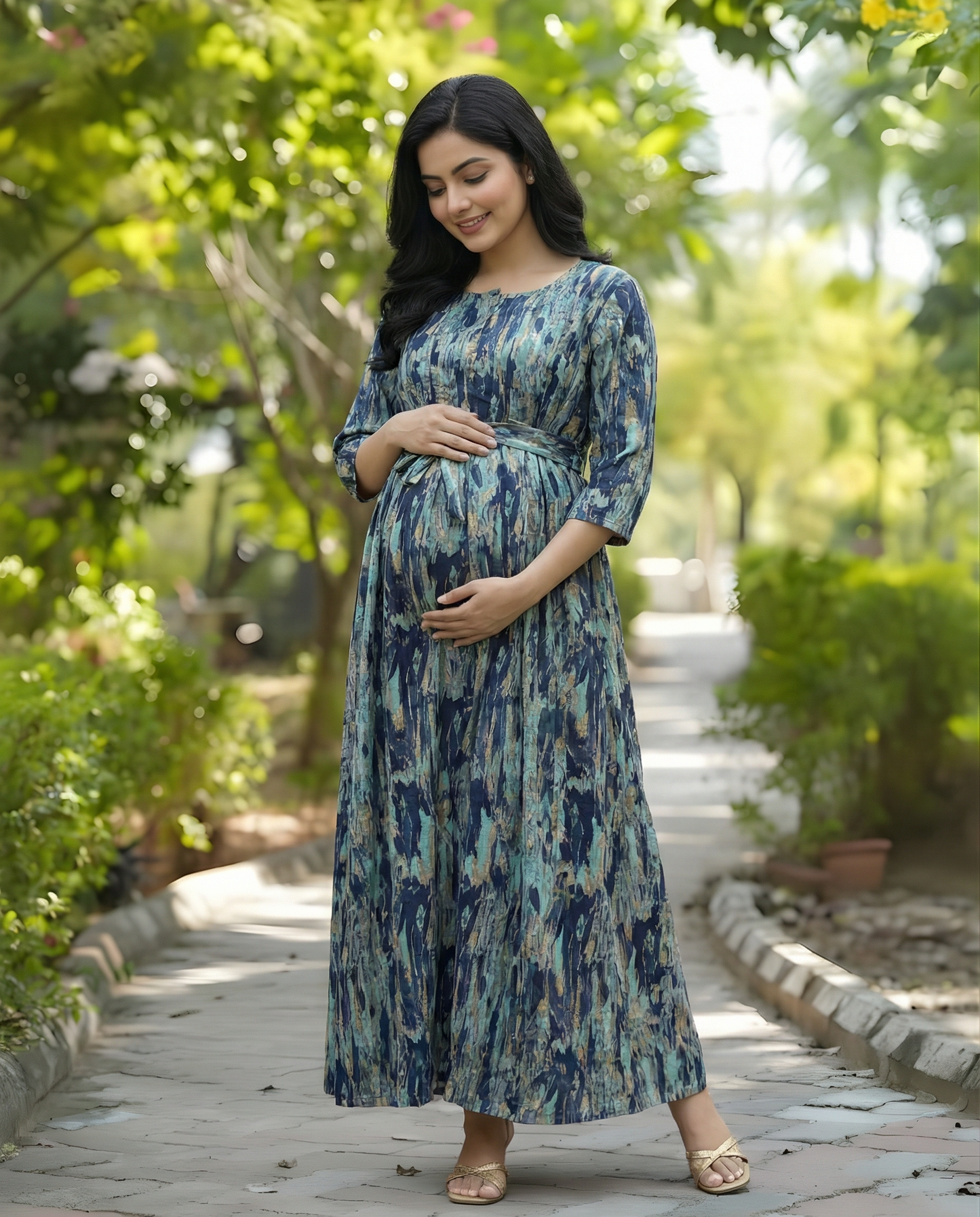 Acrylic Art - Blue - Maternity Kurti with Feeding Zips - Cotton Flex - Thicker Fabric