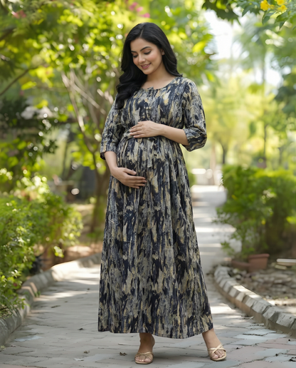 Acrylic Art - Black - Maternity Kurti with Feeding Zips - Cotton Flex - Thicker Fabric
