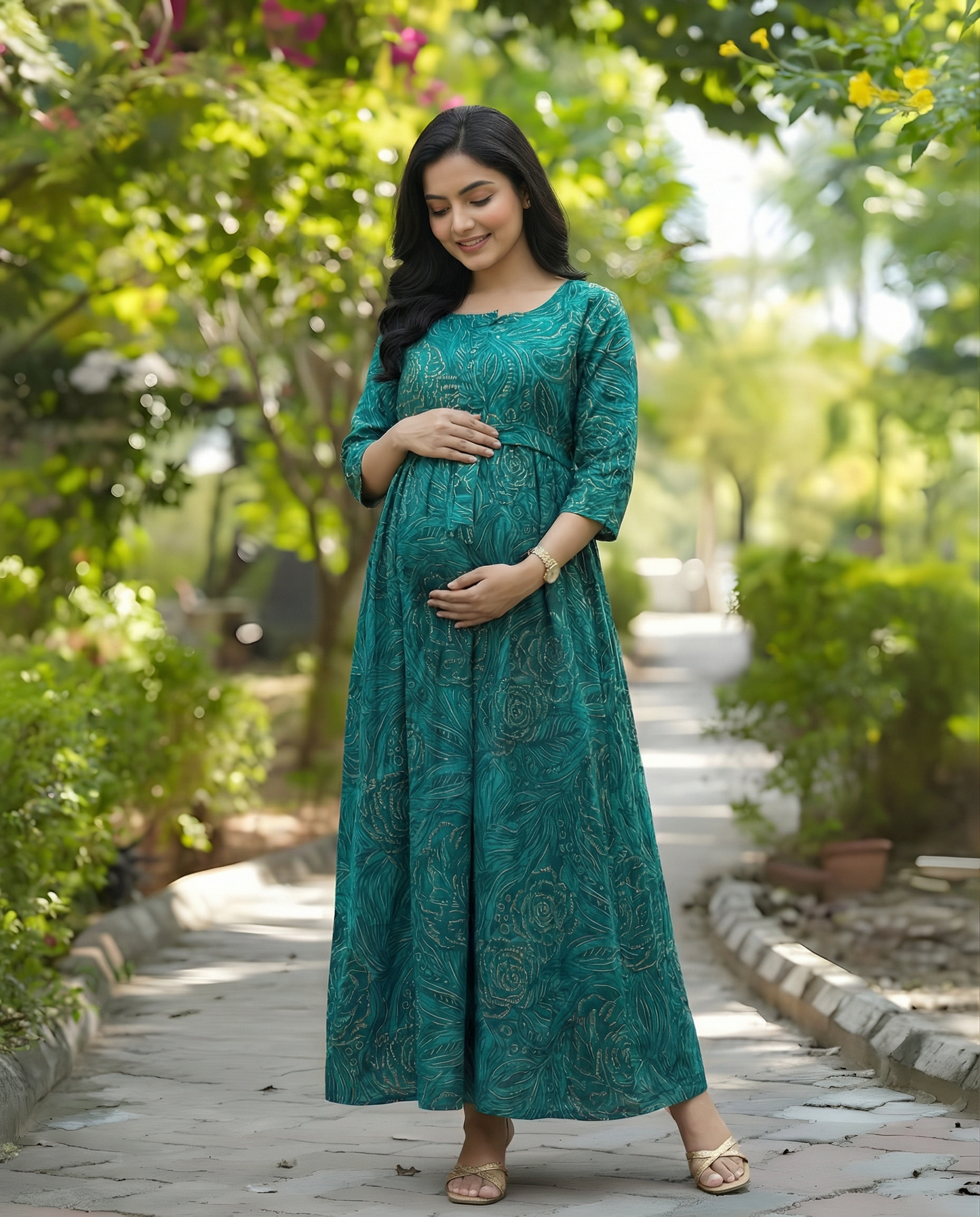 Peacock Blue Rose Gold - Maternity Kurti with Feeding Zips - Soft Rayon