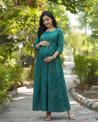 Peacock Blue Rose Gold - Maternity Kurti with Feeding Zips - Soft Rayon