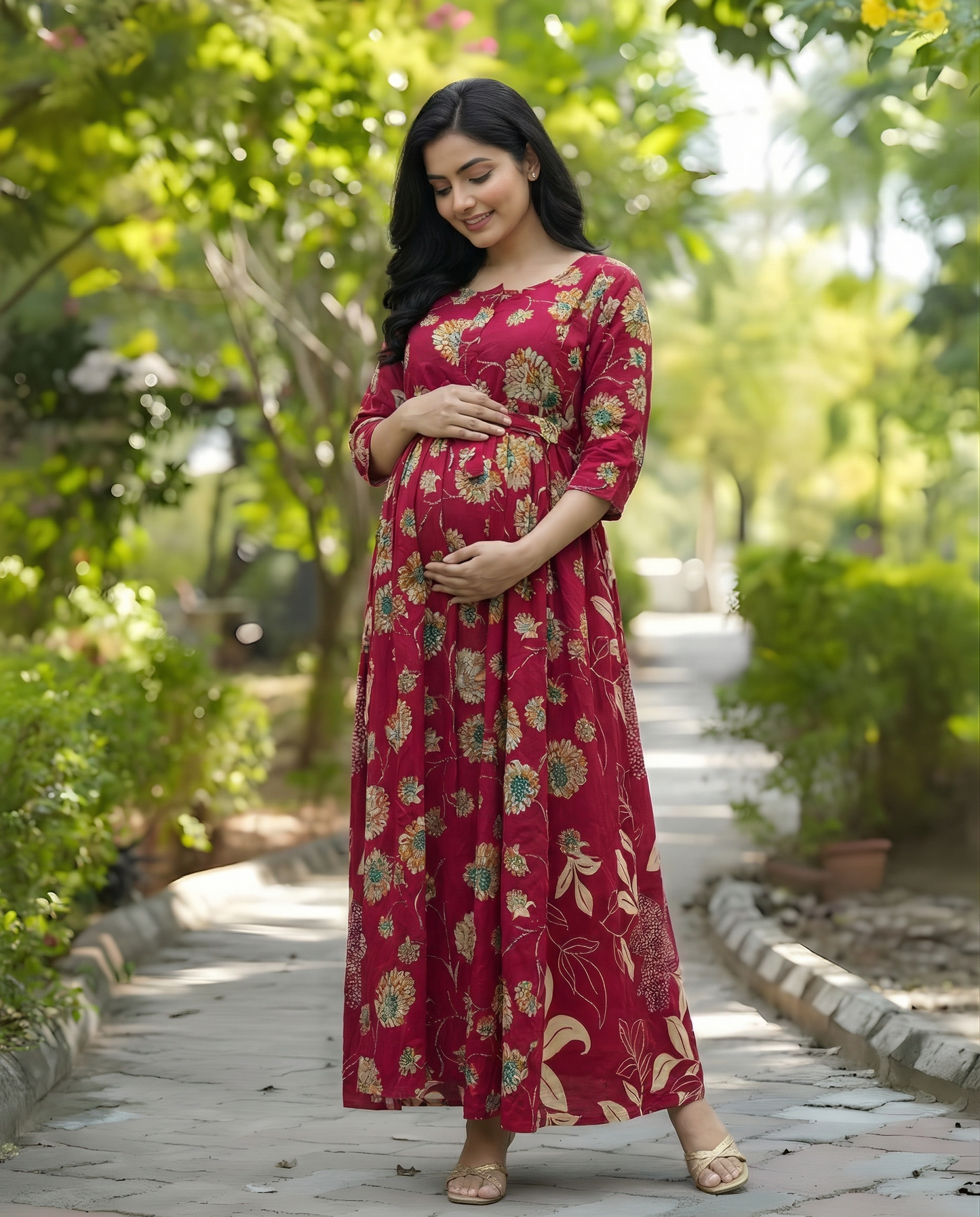 Red Green Sunflower - Maternity Kurti with Feeding Zips - Soft Rayon