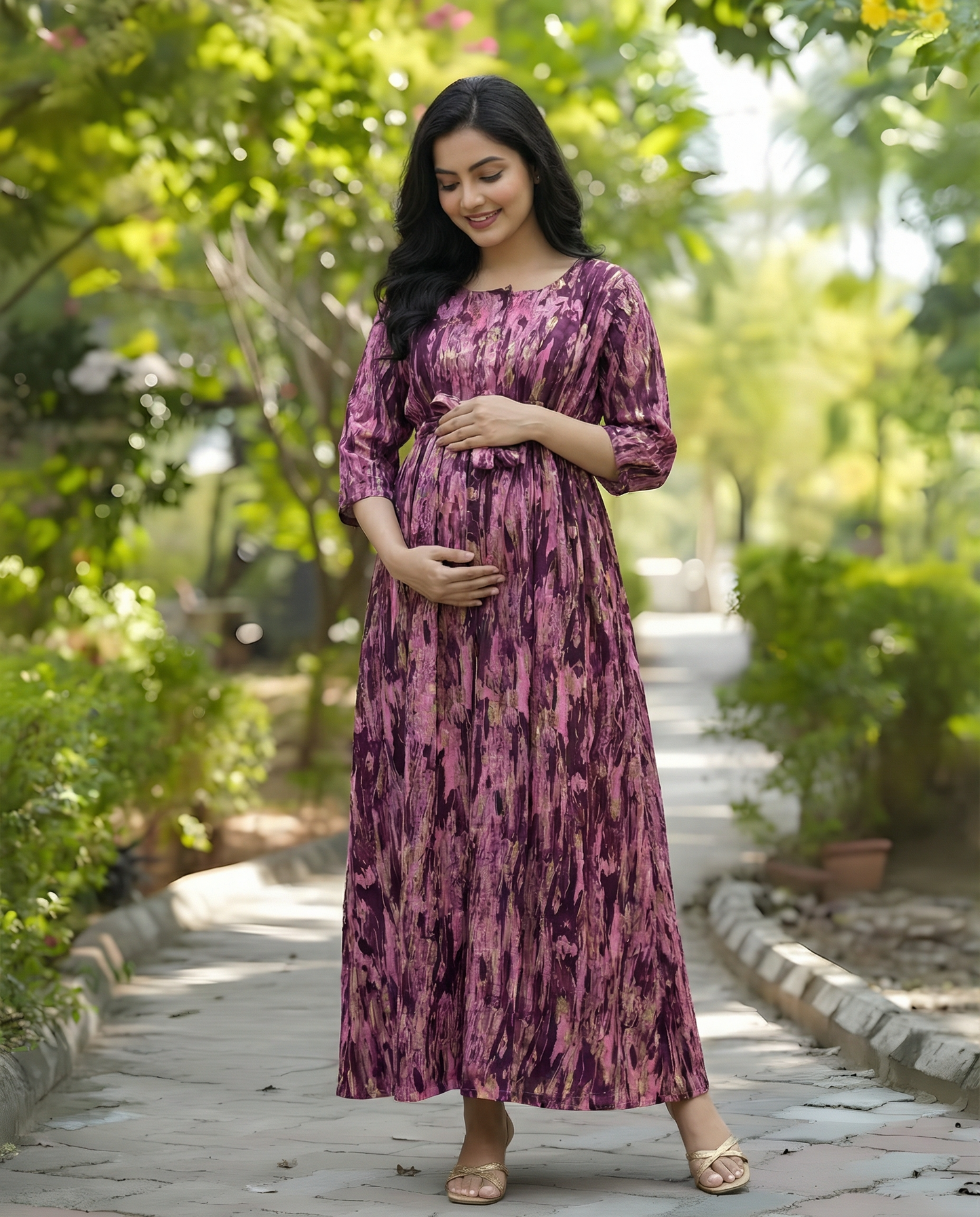 Acrylic Art - Purple - Maternity Kurti with Feeding Zips - Cotton Flex - Thicker Fabric