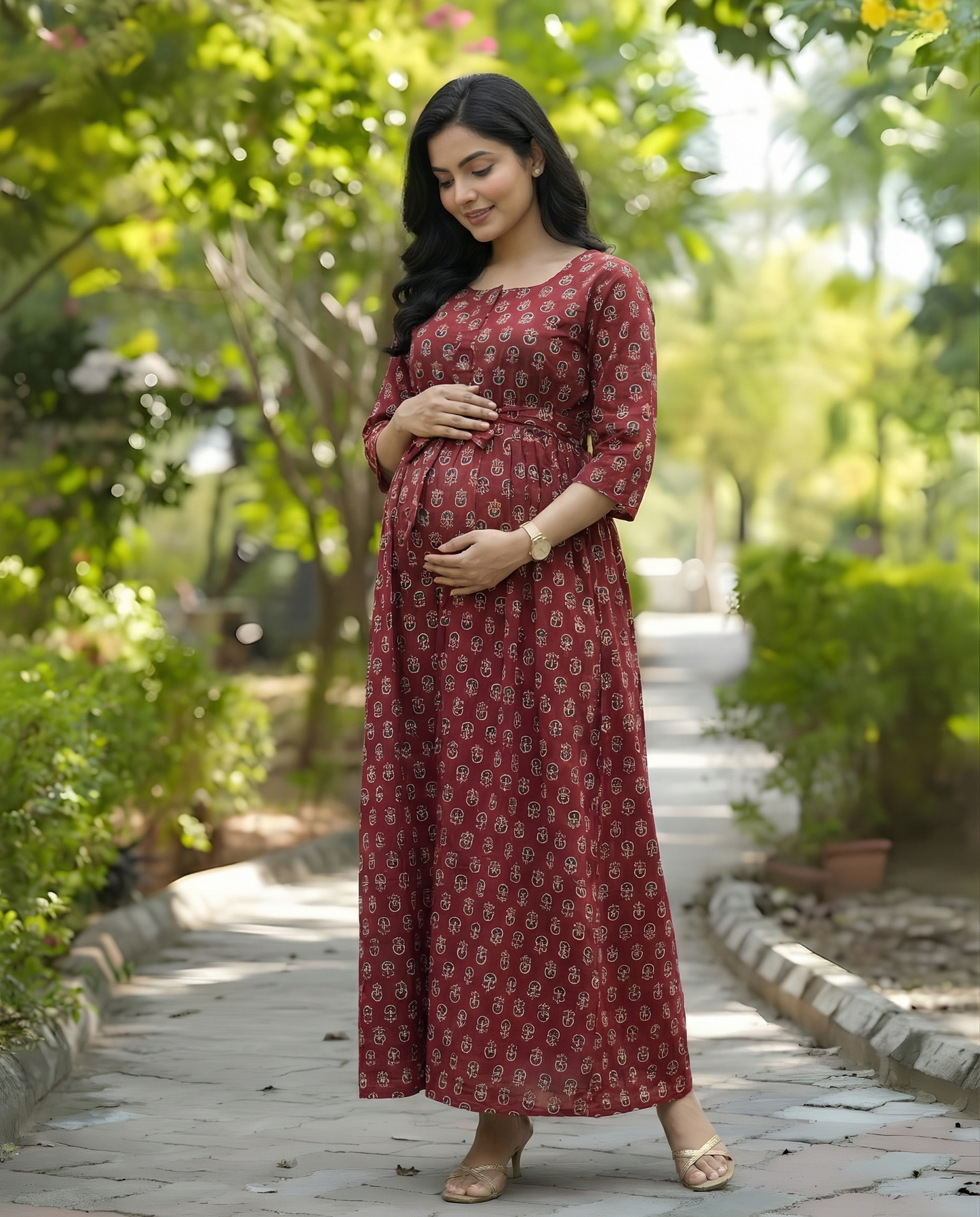 Ajrakh Sunflower - Maroon - Maternity Kurti with Feeding Zips - Cotton Flex - Thicker Fabric