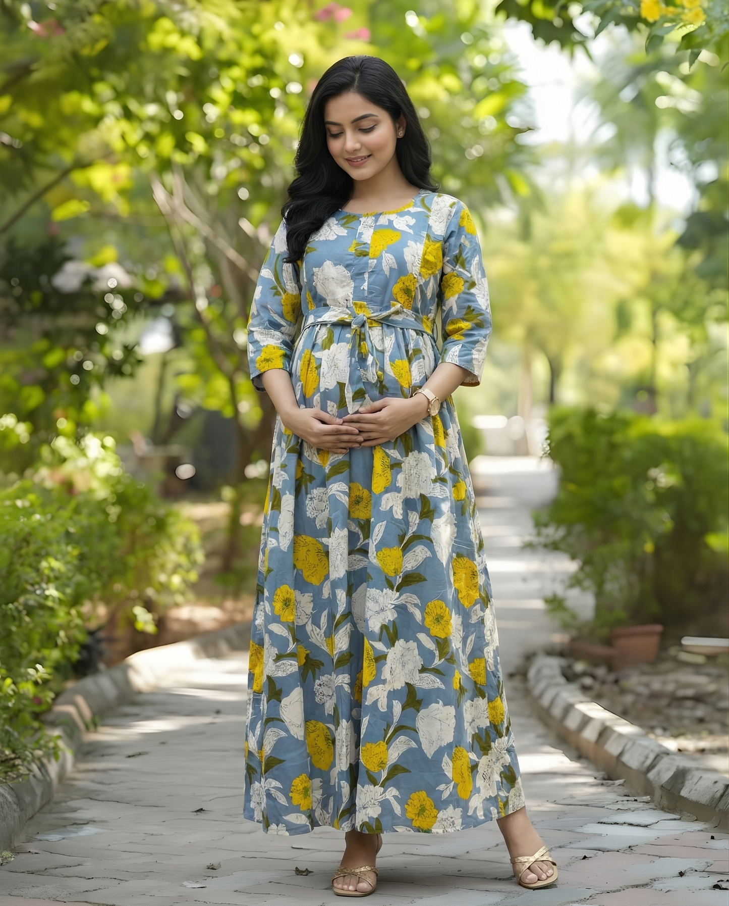 Mix Flower Sky Blue - Maternity Kurti with Feeding Zips - Cotton Flex - Thicker Fabric