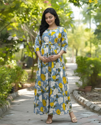 Mix Flower Sky Blue - Maternity Kurti with Feeding Zips - Cotton Flex - Thicker Fabric