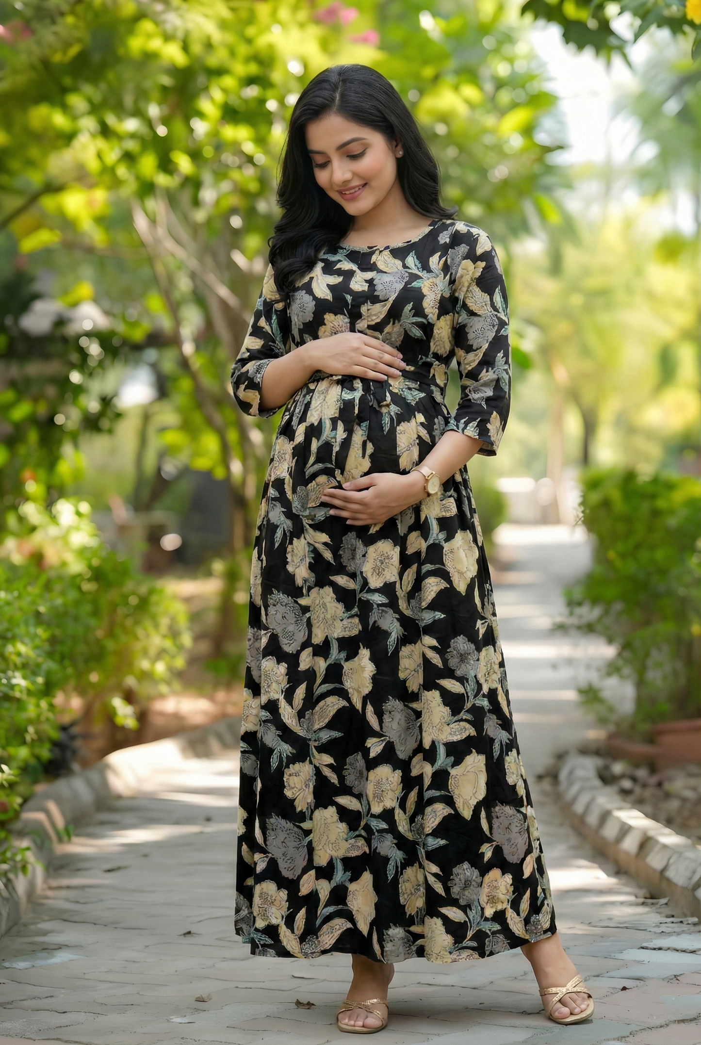 Mix Flower - Black - Maternity Kurti with Feeding Zips - Cotton Flex - Thicker Fabric