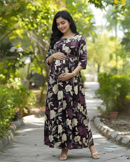 Dark Purple - Mix Flower - Maternity Kurti with Feeding Zips - Cotton Flex - Thicker Fabric