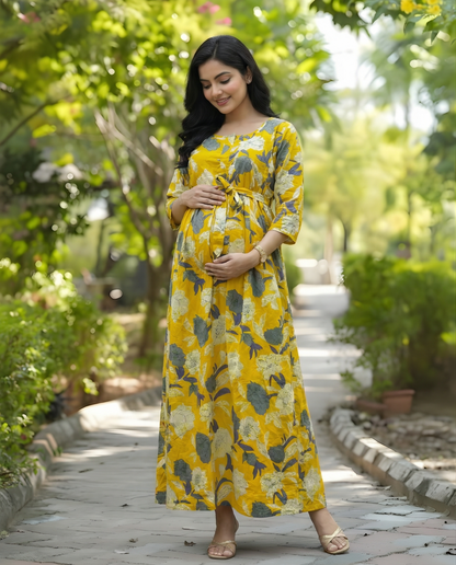 Yellow Mix Flower - Maternity Kurti with Feeding Zips - Cotton Flex - Thicker Fabric