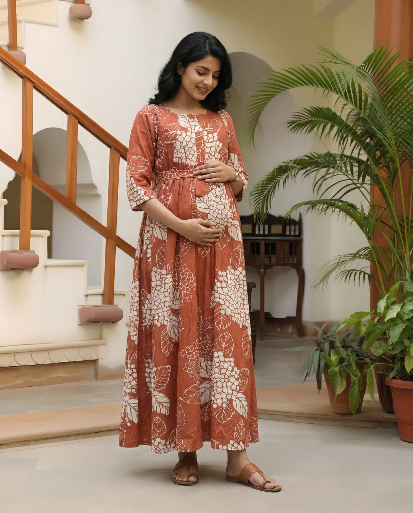 Orange White Big Flower - Maternity Kurti with Feeding Zips - Soft Rayon