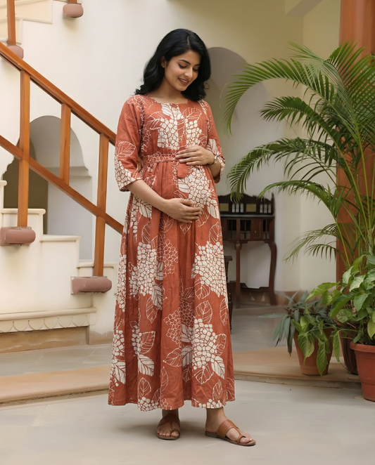 Orange White Big Flower - Maternity Kurti with Feeding Zips - Soft Rayon