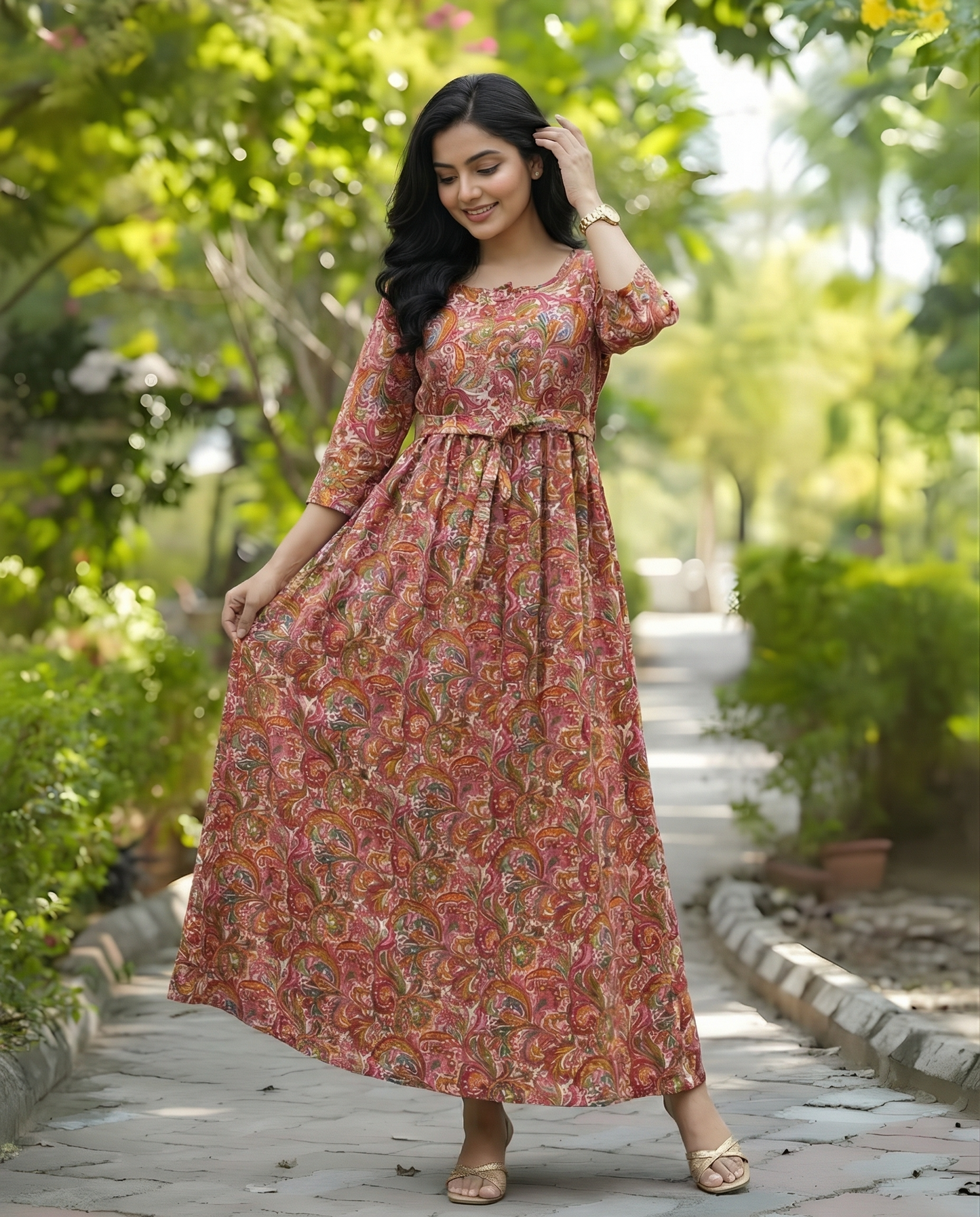 Keri Print - Baby Pink - Maternity Kurti with Feeding Zips - Cotton Flex - Thicker Fabric