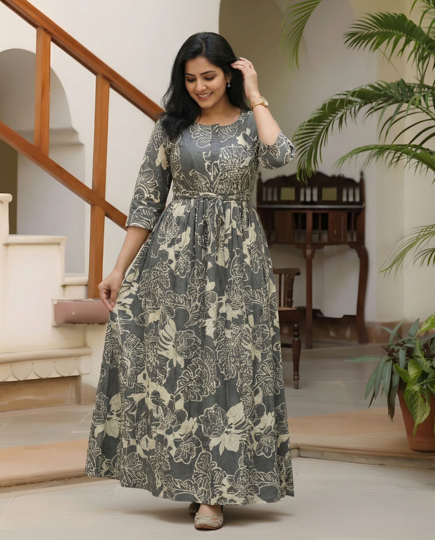 Grey White Big Flower - Maternity Kurti with Feeding Zips - Soft Rayon