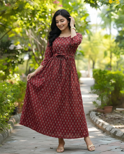 Ajrakh Sunflower - Maroon - Maternity Kurti with Feeding Zips - Cotton Flex - Thicker Fabric