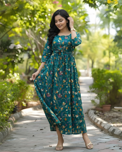 Sea Green Daisy - Maternity Kurti with Feeding Zips - Cotton Flex - Thicker Fabric