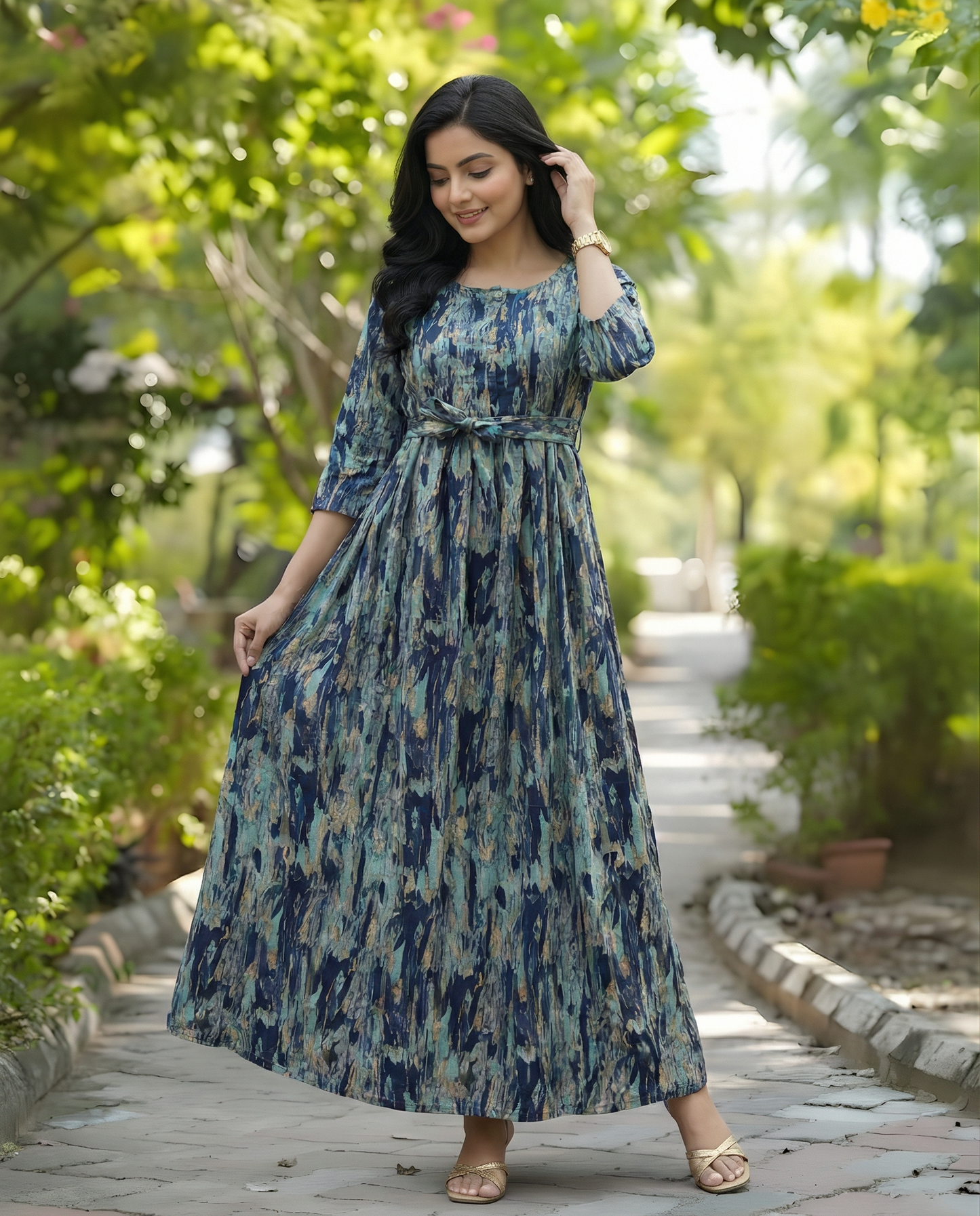 Acrylic Art - Blue - Maternity Kurti with Feeding Zips - Cotton Flex - Thicker Fabric