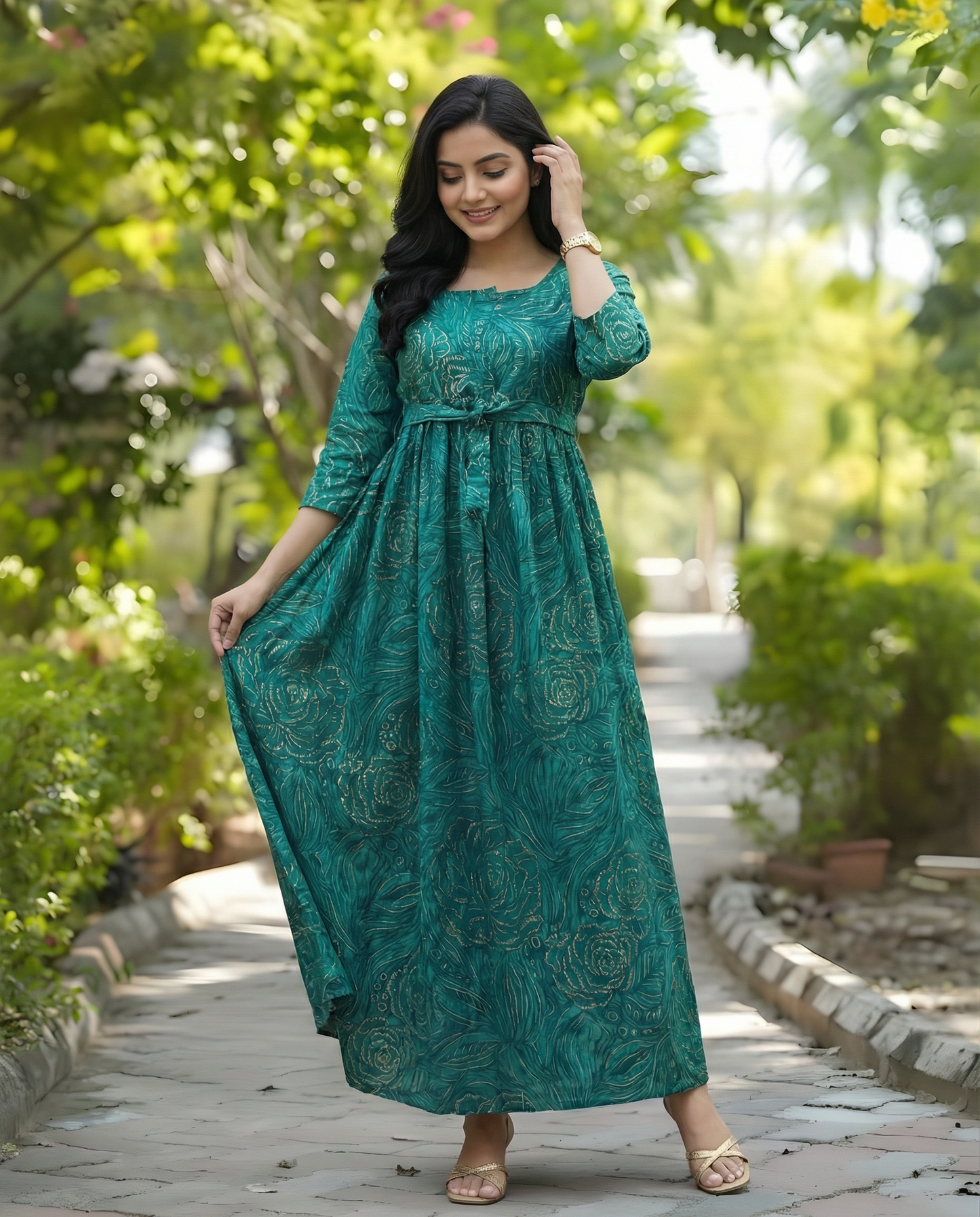 Peacock Blue Rose Gold - Maternity Kurti with Feeding Zips - Soft Rayon