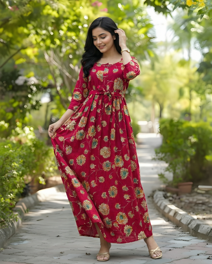 Red Green Sunflower - Maternity Kurti with Feeding Zips - Soft Rayon