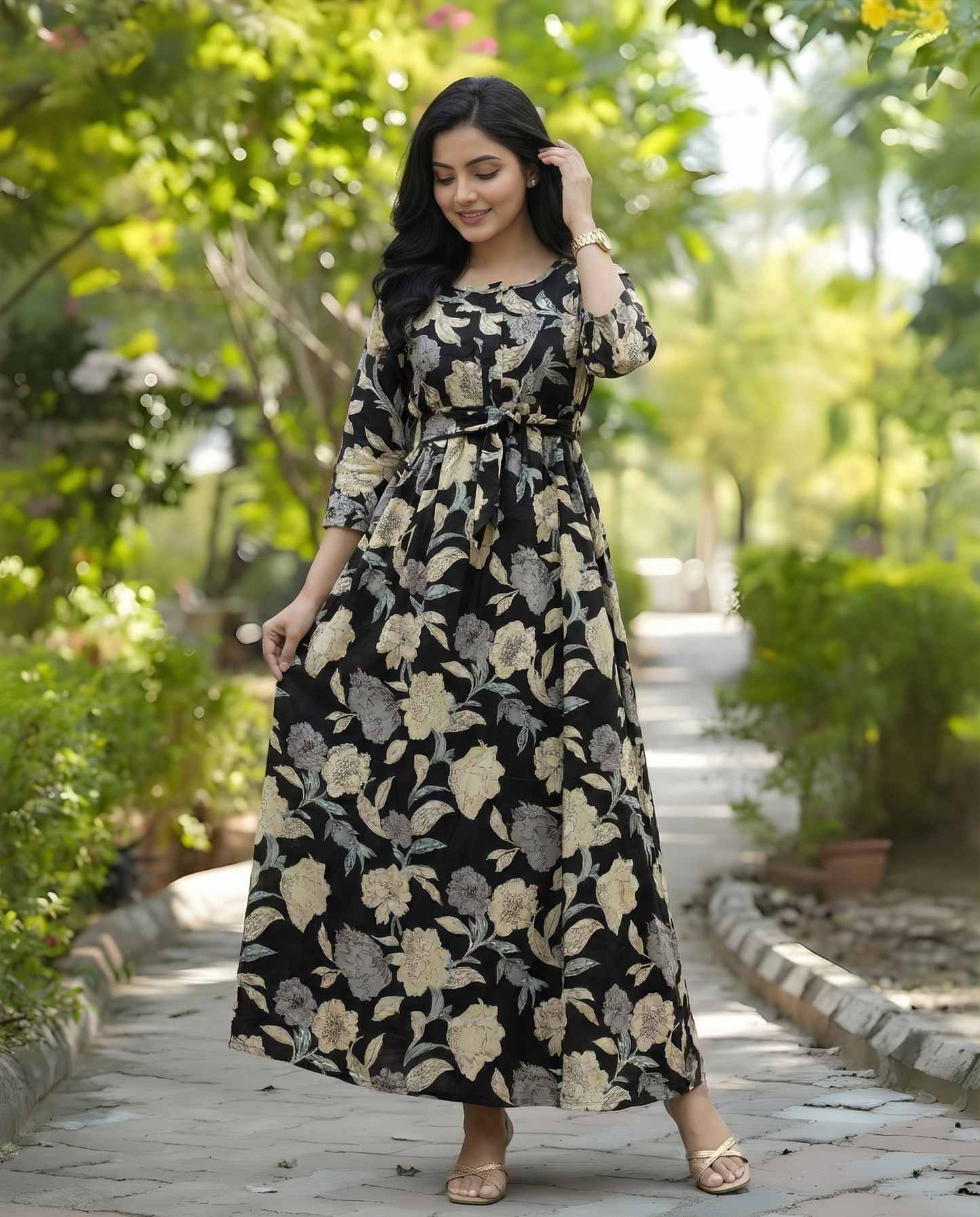 Mix Flower - Black - Maternity Kurti with Feeding Zips - Cotton Flex - Thicker Fabric