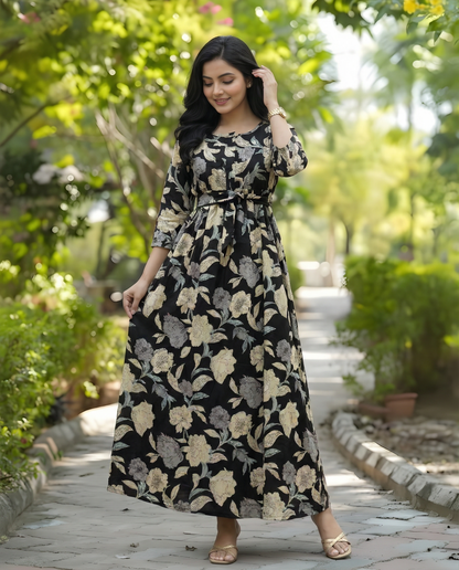 Mix Flower - Black - Maternity Kurti with Feeding Zips - Cotton Flex - Thicker Fabric