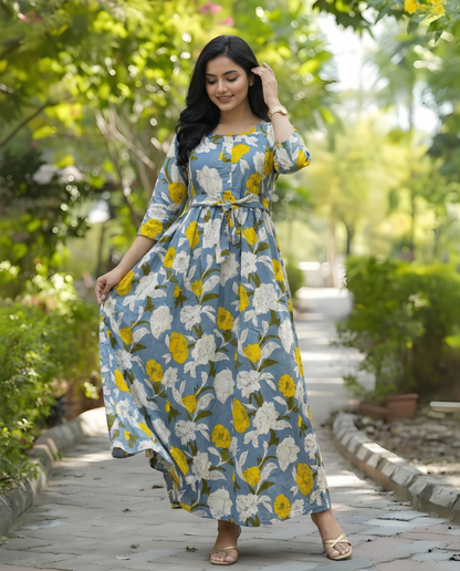 Mix Flower Sky Blue - Maternity Kurti with Feeding Zips - Cotton Flex - Thicker Fabric
