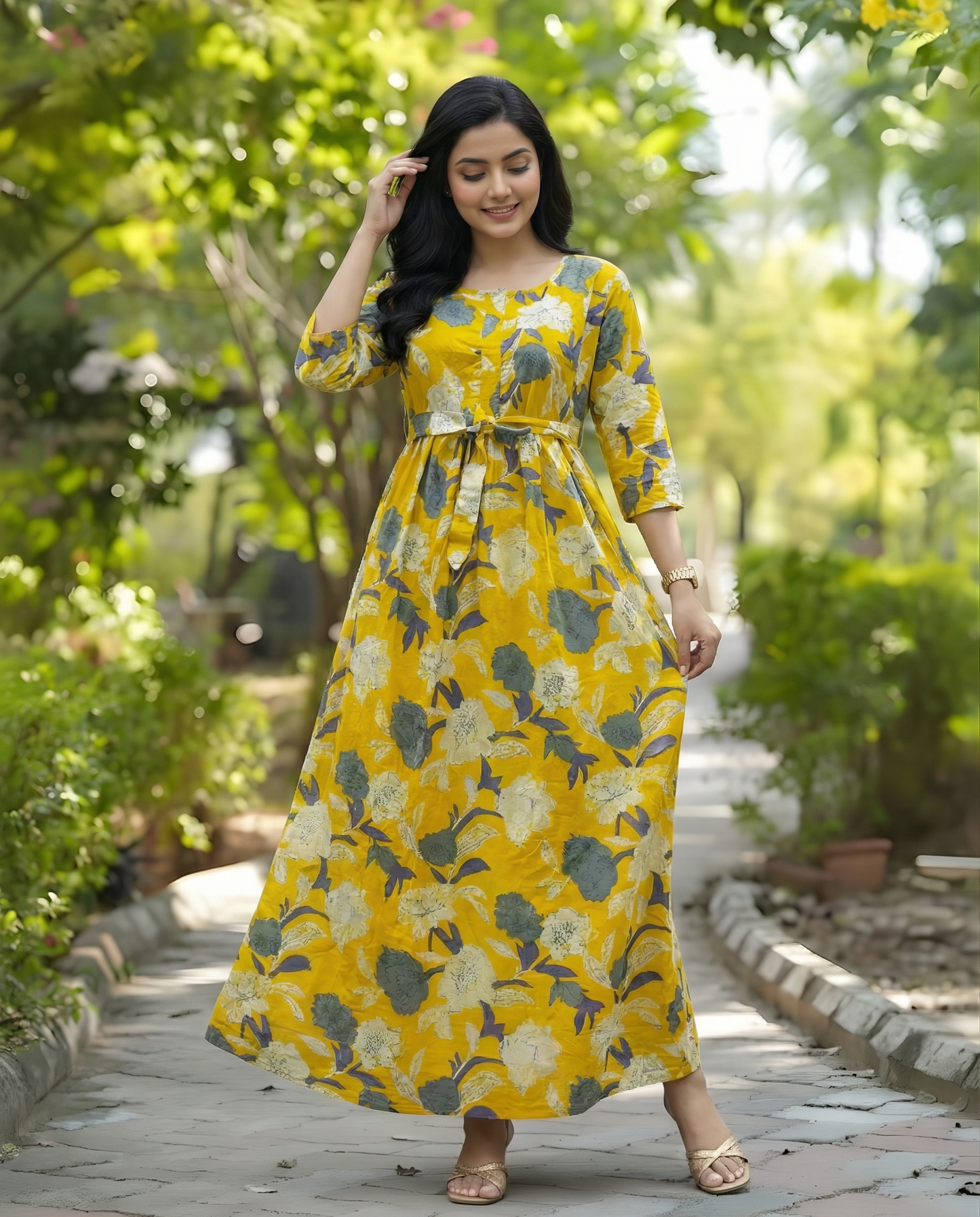 Yellow Mix Flower - Maternity Kurti with Feeding Zips - Cotton Flex - Thicker Fabric
