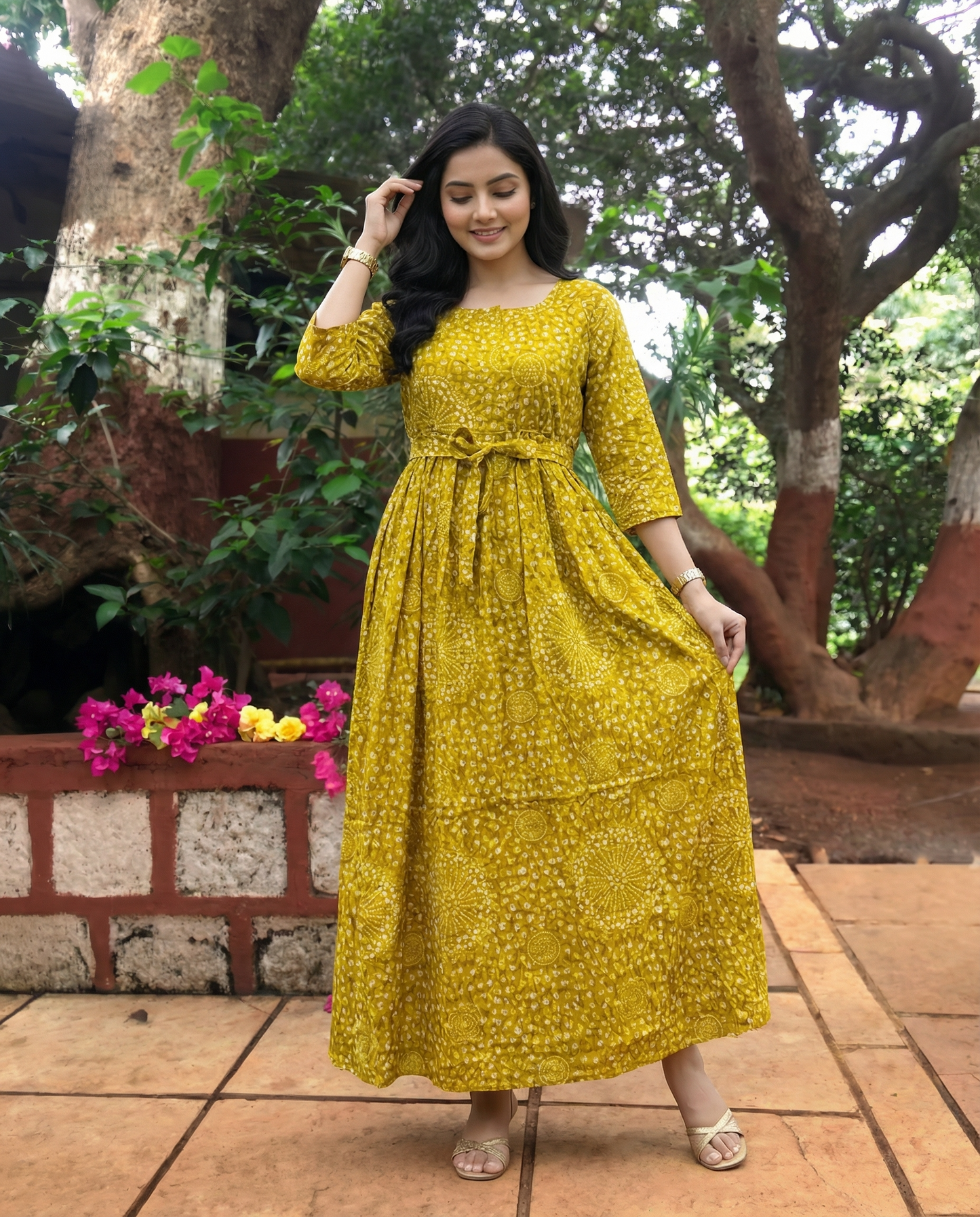 Dessert Yellow Flower Bandhani - Maternity Kurti with Feeding Zips - Soft Rayon