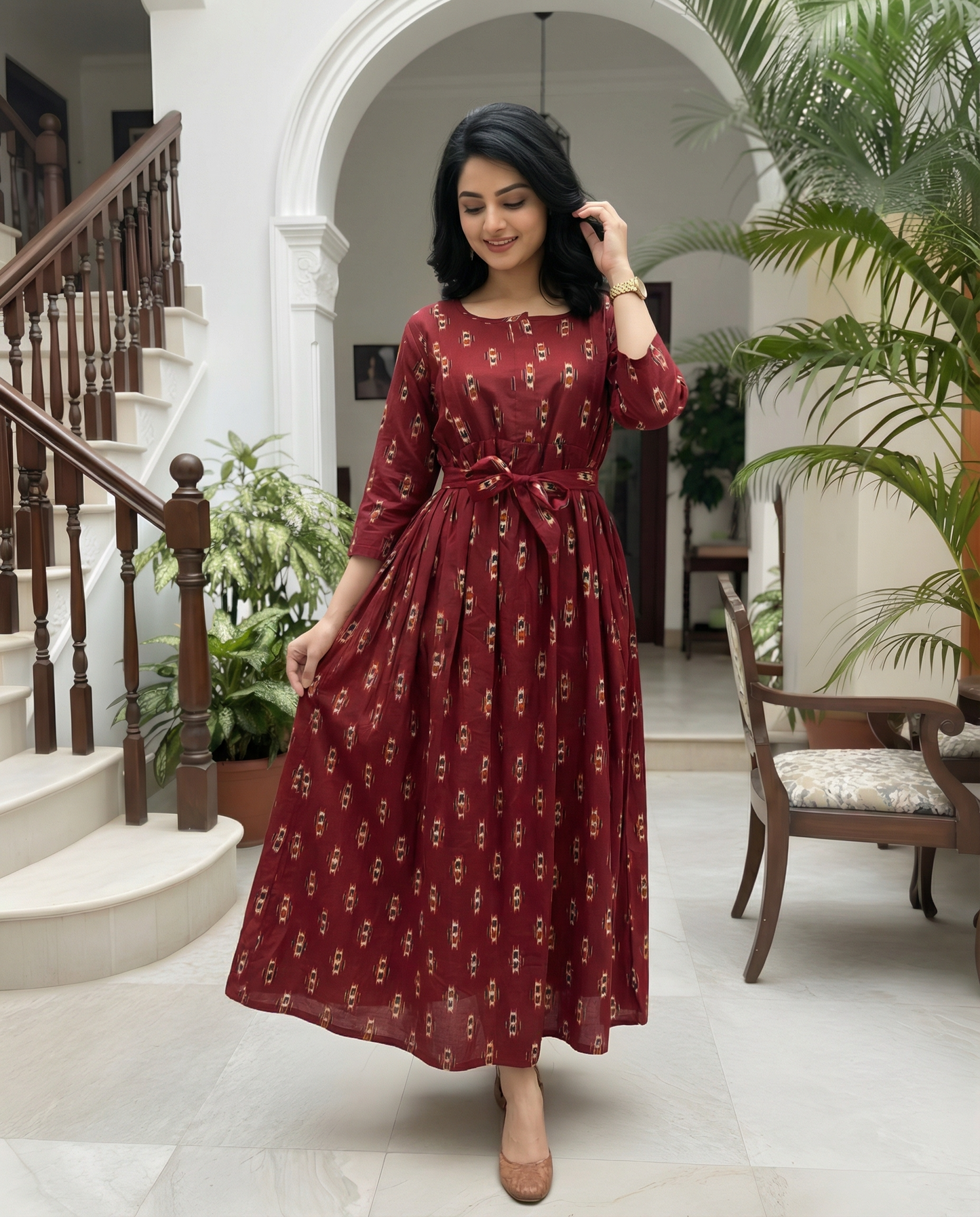 Maroon Black Ajrakh - Maternity Kurti with Feeding Zips - Cotton Flex - Thicker Fabric