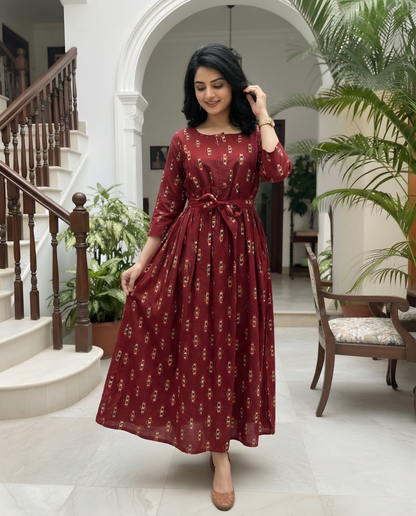Maroon Black Ajrakh - Maternity Kurti with Feeding Zips - Cotton Flex - Thicker Fabric