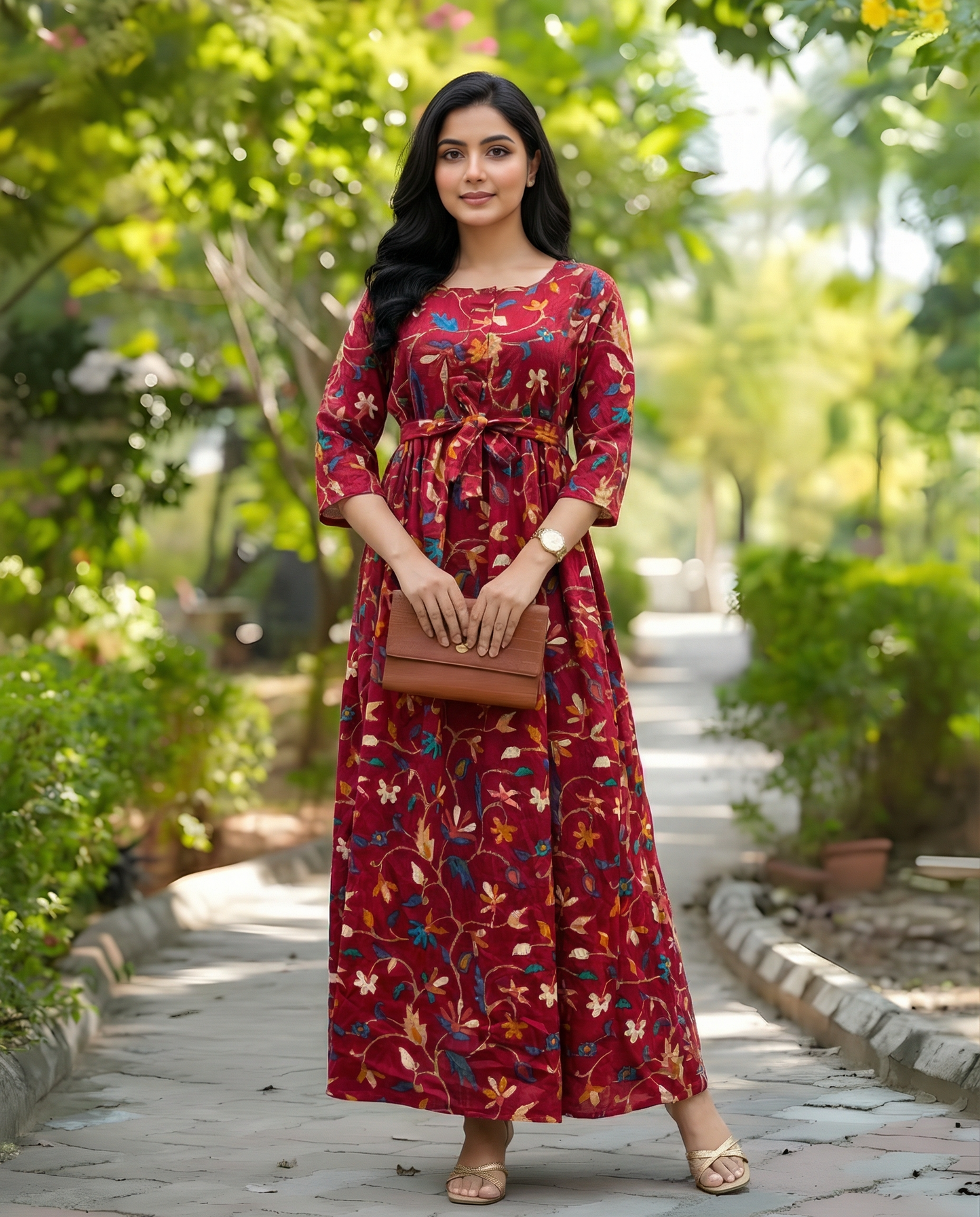 Raani Red Daisy - Maternity Kurti with Feeding Zips - Cotton Flex - Thicker Fabric