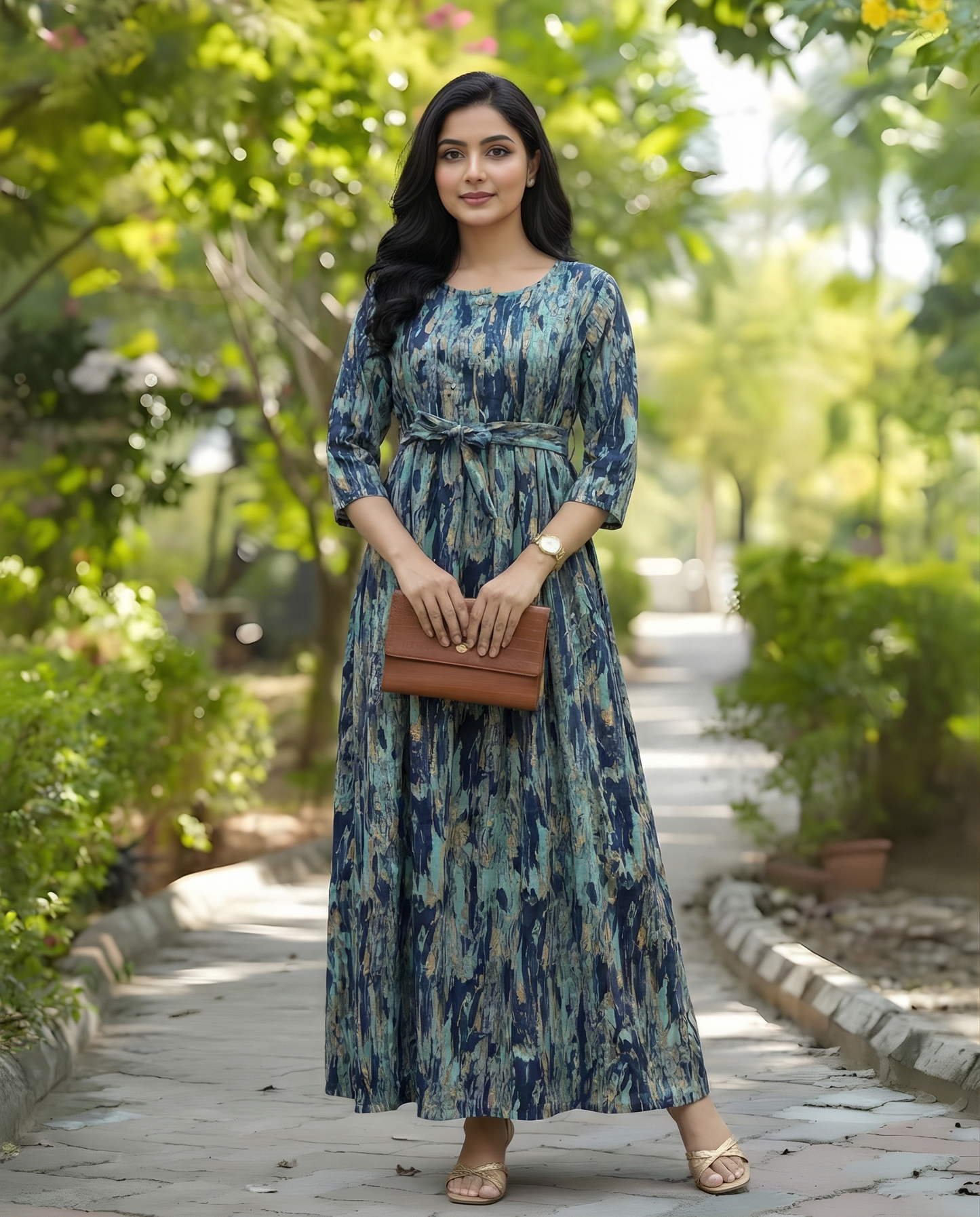 Acrylic Art - Blue - Maternity Kurti with Feeding Zips - Cotton Flex - Thicker Fabric