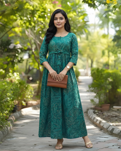 Peacock Blue Rose Gold - Maternity Kurti with Feeding Zips - Soft Rayon