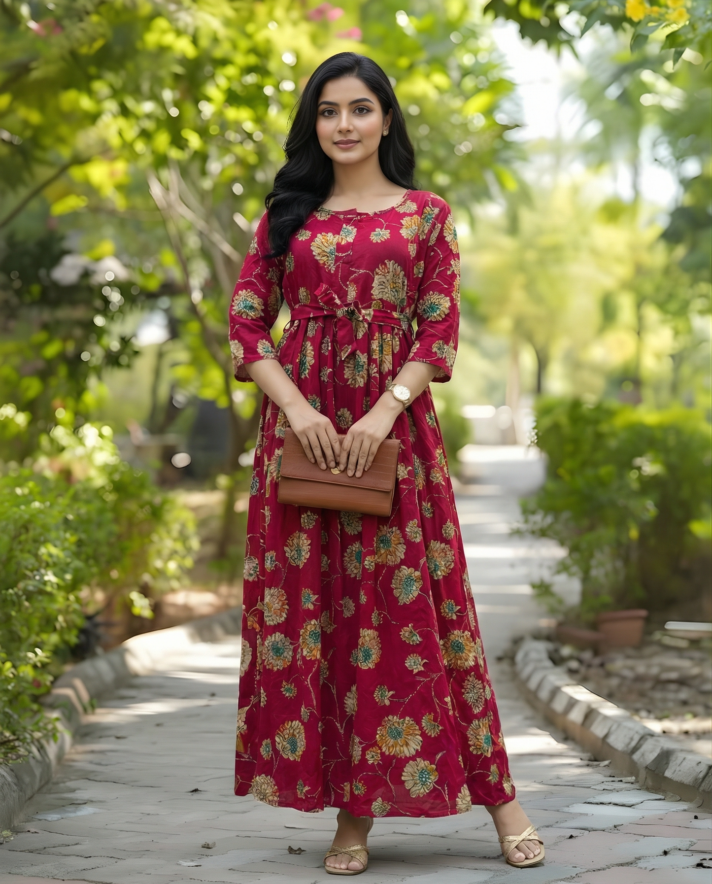 Red Green Sunflower - Maternity Kurti with Feeding Zips - Soft Rayon