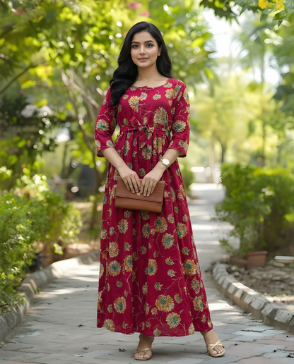 Red Green Sunflower - Maternity Kurti with Feeding Zips - Soft Rayon