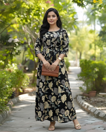 Mix Flower - Black - Maternity Kurti with Feeding Zips - Cotton Flex - Thicker Fabric
