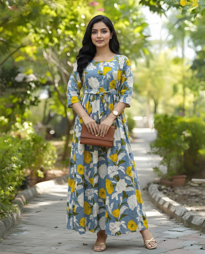 Mix Flower Sky Blue - Maternity Kurti with Feeding Zips - Cotton Flex - Thicker Fabric