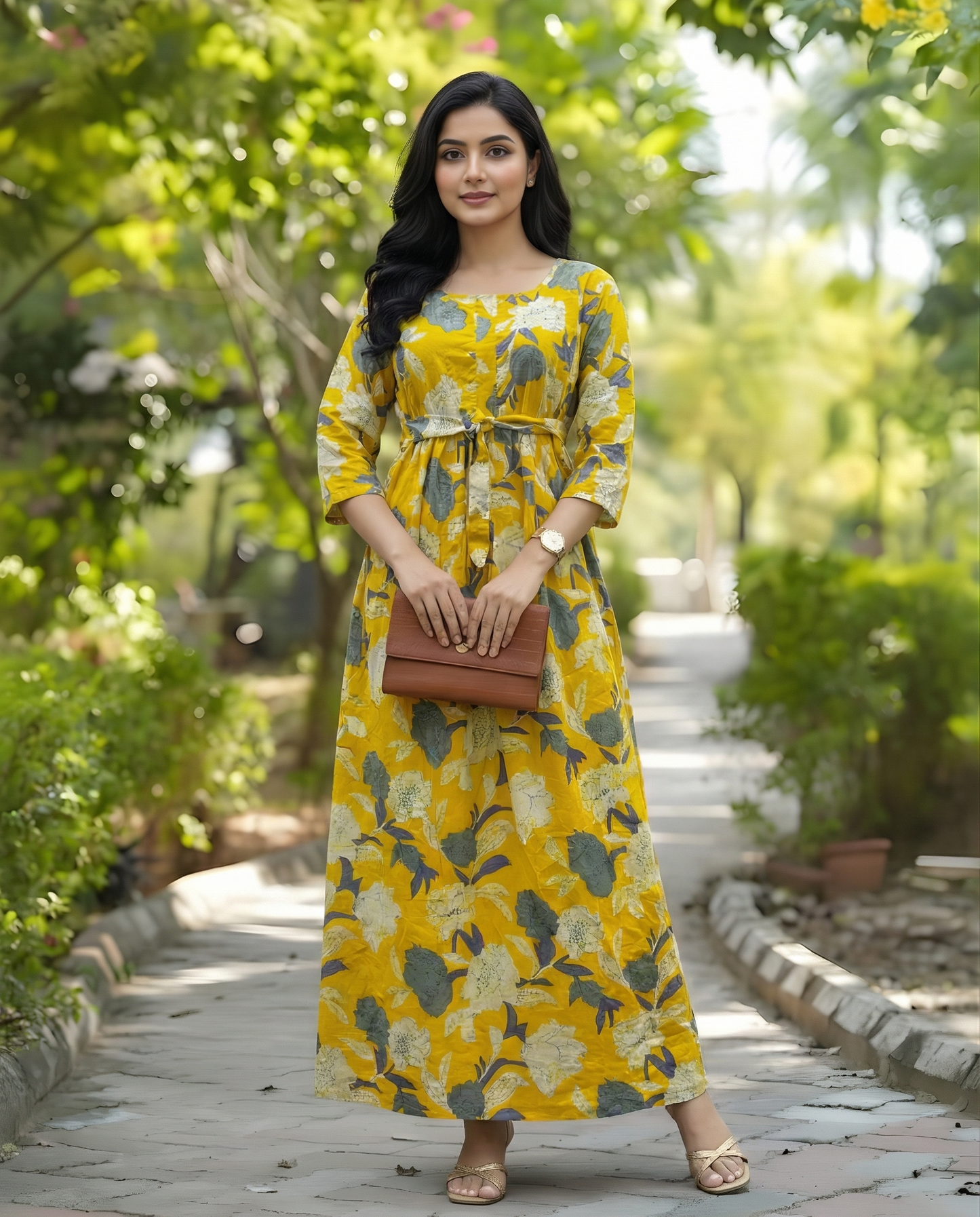 Yellow Mix Flower - Maternity Kurti with Feeding Zips - Cotton Flex - Thicker Fabric