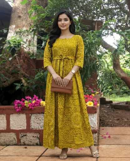 Dessert Yellow Flower Bandhani - Maternity Kurti with Feeding Zips - Soft Rayon