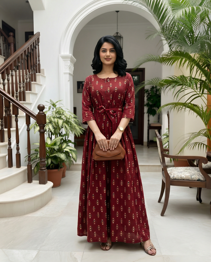 Maroon Black Ajrakh - Maternity Kurti with Feeding Zips - Cotton Flex - Thicker Fabric