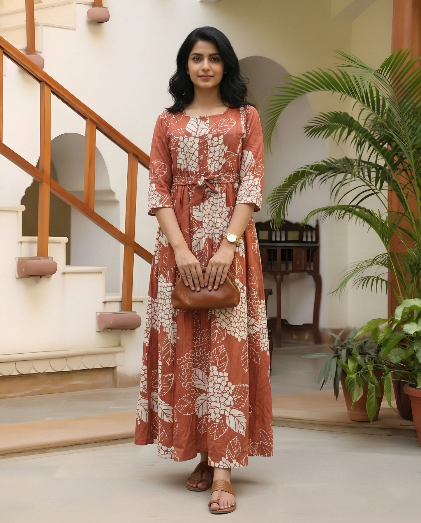 Orange White Big Flower - Maternity Kurti with Feeding Zips - Soft Rayon