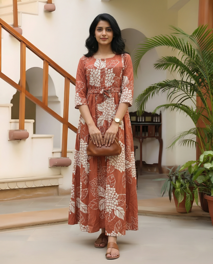 Orange White Big Flower - Maternity Kurti with Feeding Zips - Soft Rayon