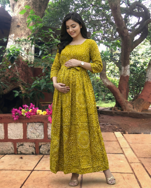 Dessert Yellow Flower Bandhani - Maternity Kurti with Feeding Zips - Soft Rayon