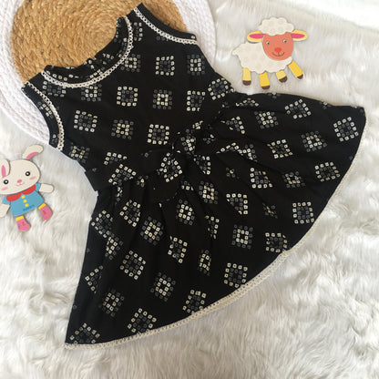 Baby Frock - Black Square Bandhani